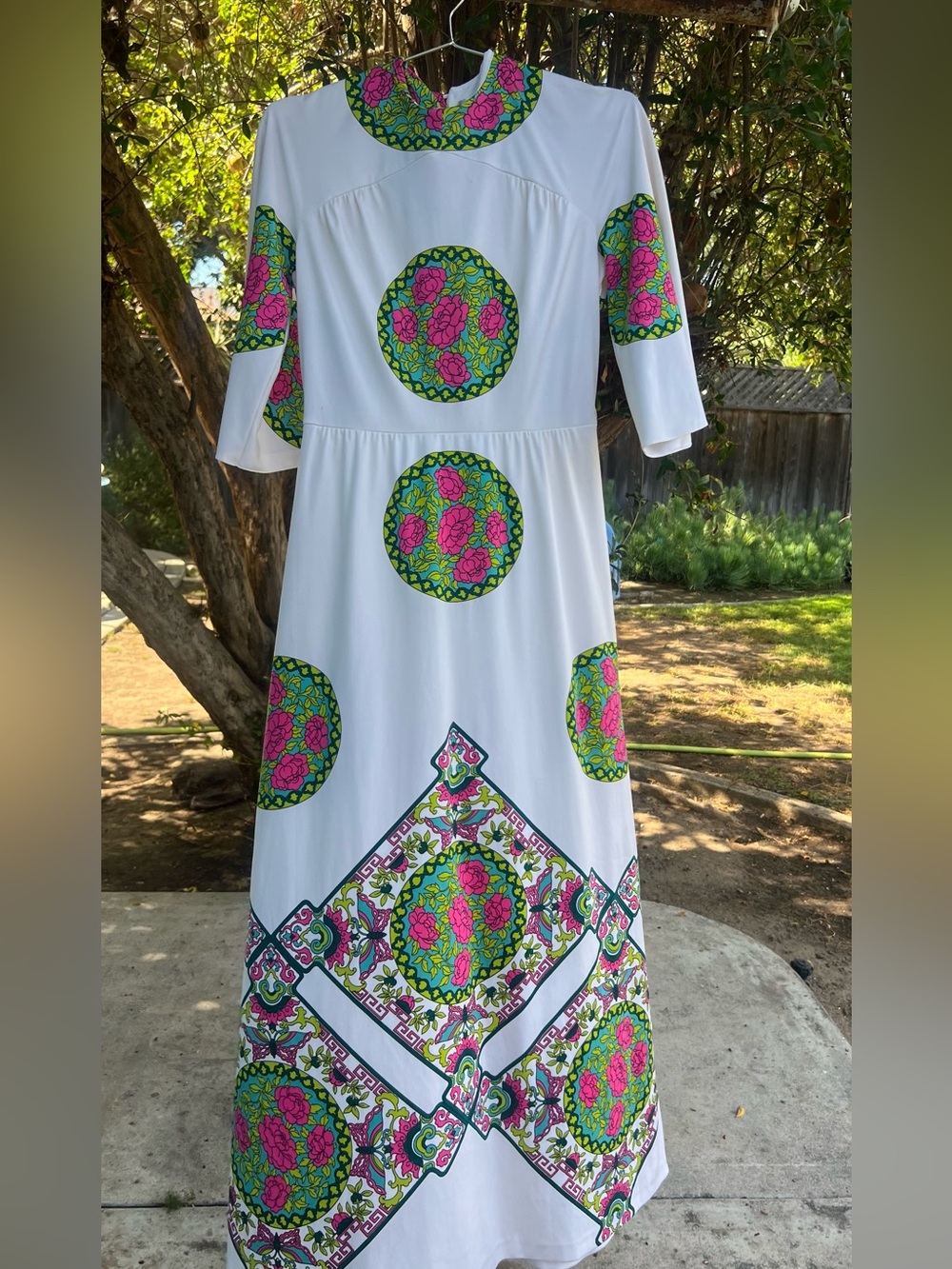 Vintage 1970’s White Maxi Dress with Pink & Green Floral Medallions